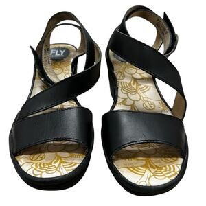 FLY London Yesk Black Leather Ankle Wrap strappy wedge rip and grip eu sz 38